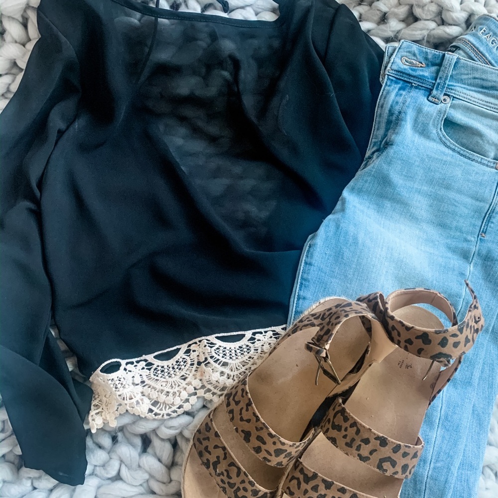 Sheer black V open back tie.